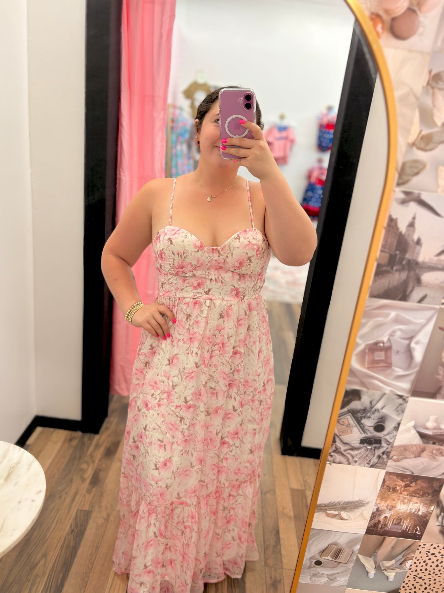 Pink Floral Corset Midi Dress