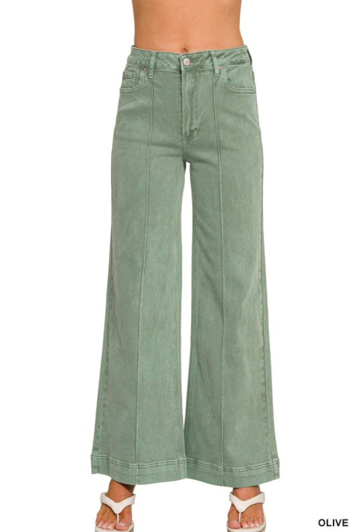 High Rise Wide Leg Olive Denim Pants