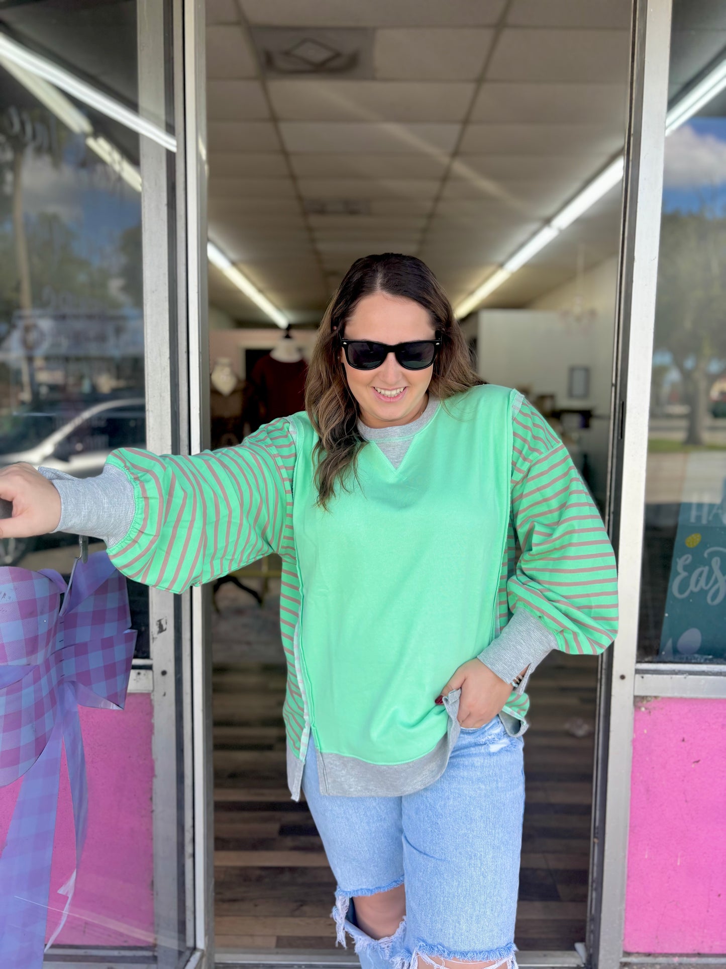 Green Striped Casual Top