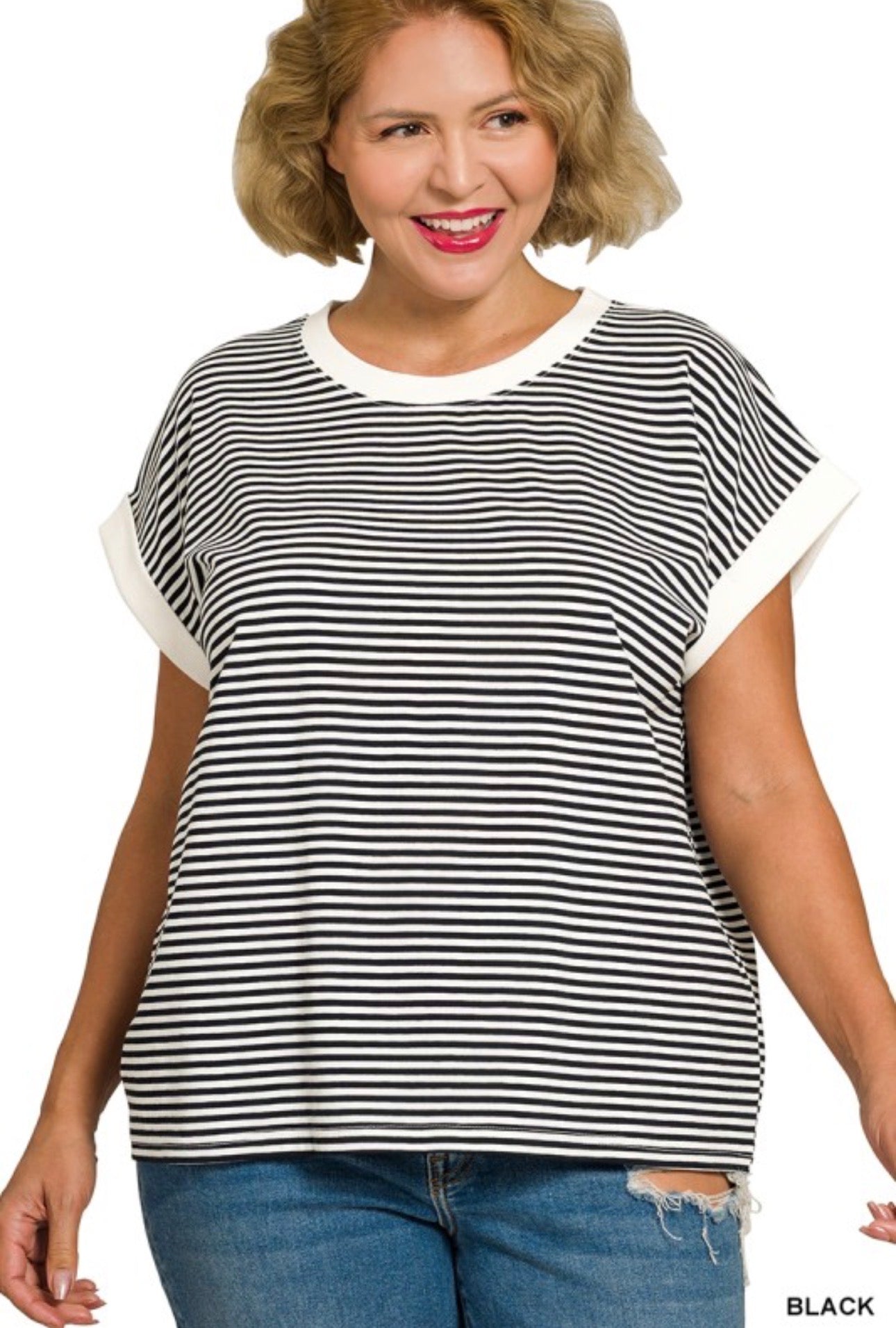 CURVY Stripe Contrast Black Top