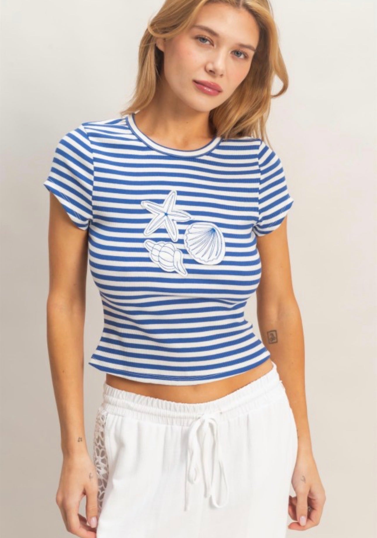 Striped Embroidery Sea Patch Top