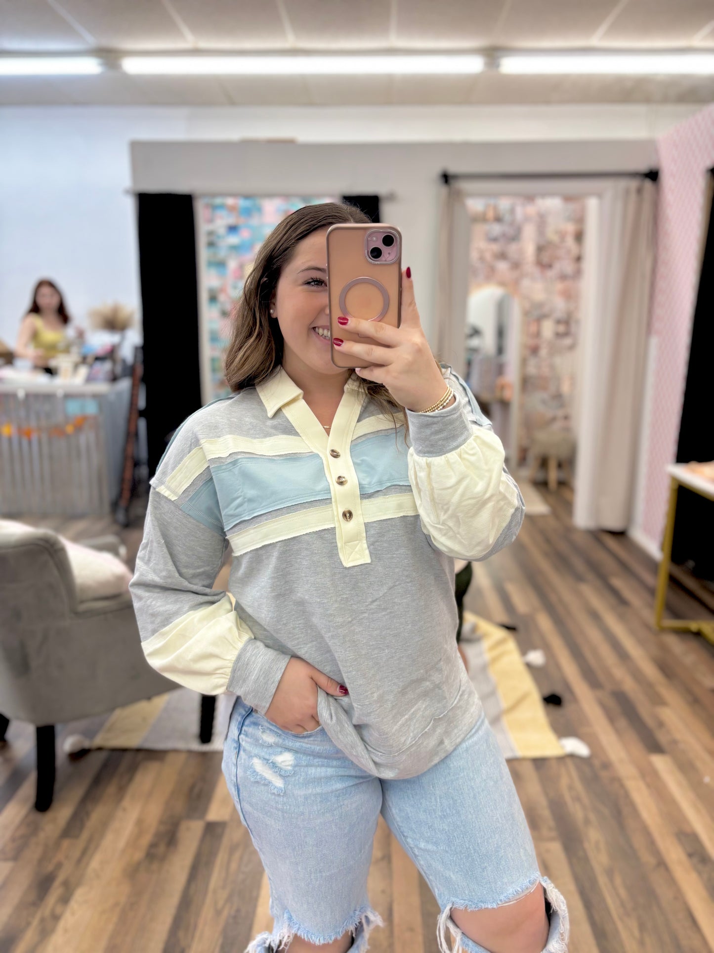 Grey Blue Color Block Top
