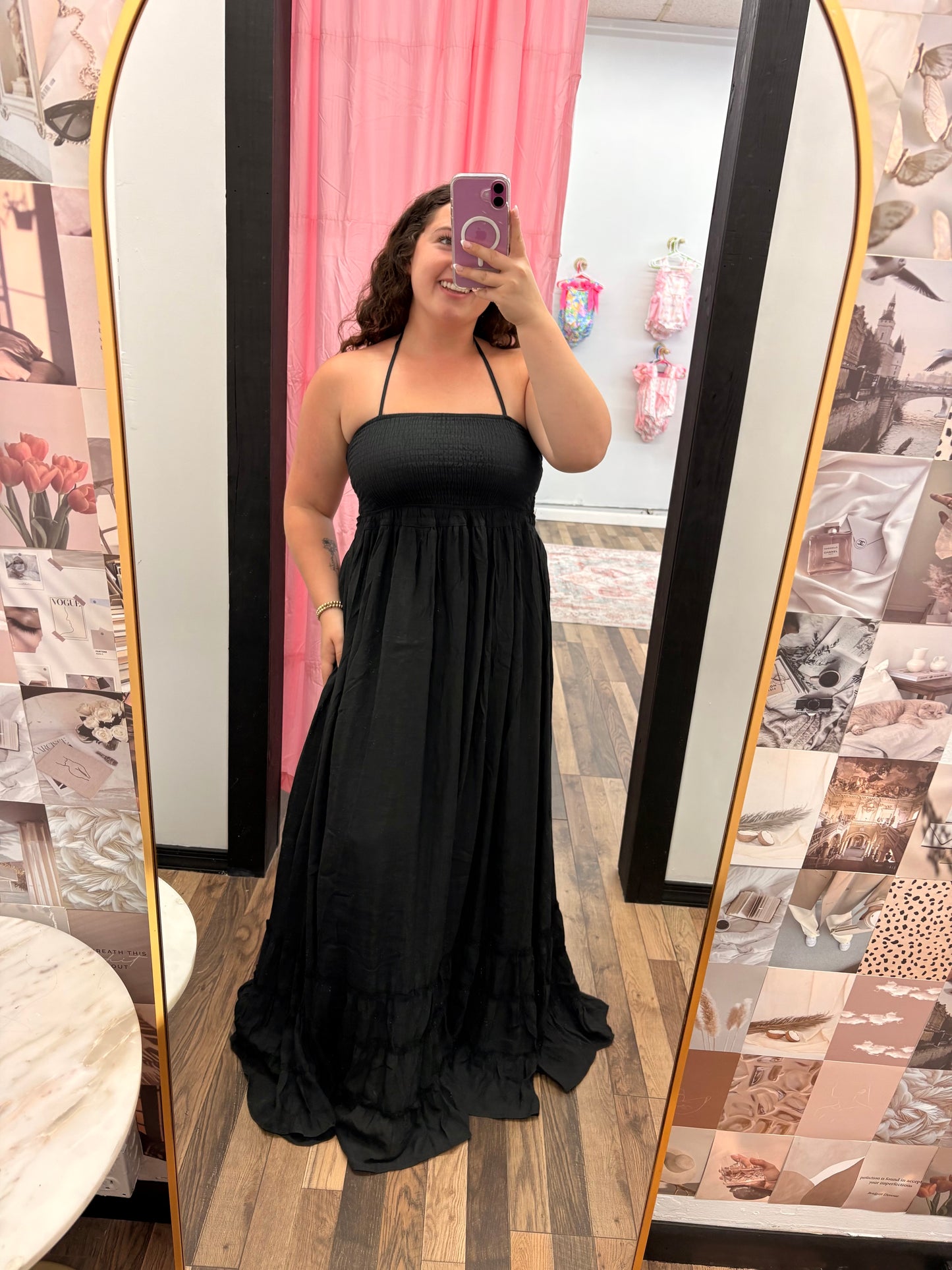 Black Smocked Halter Maxi Dress