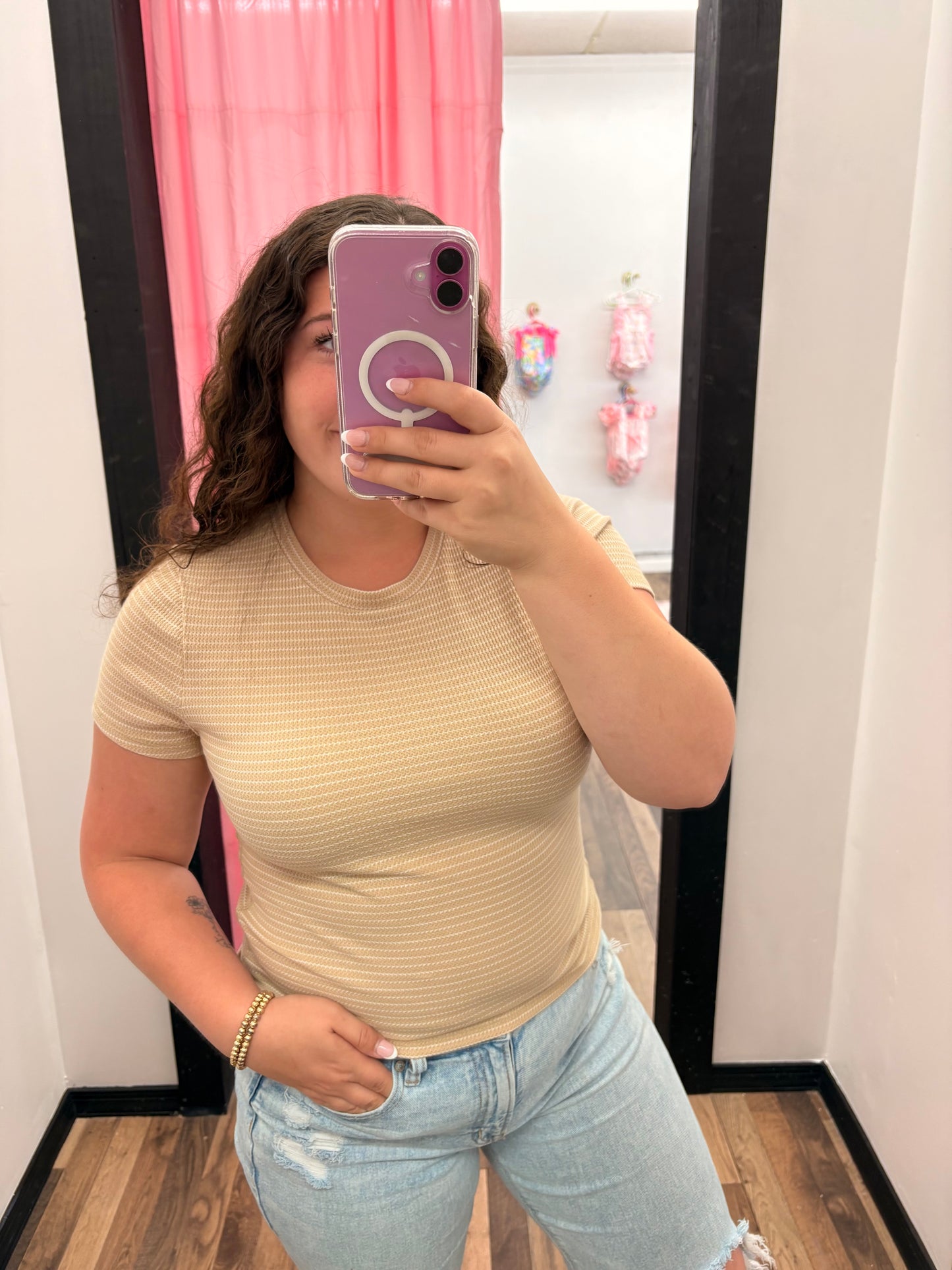 Taupe Striped Ribbed Crew Neck Tee