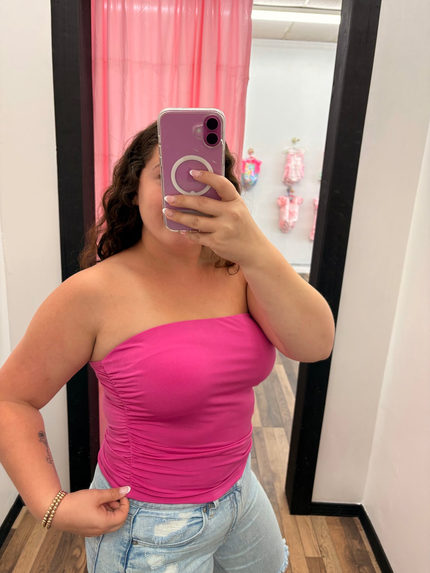 Pink Ruched Bandeau Top