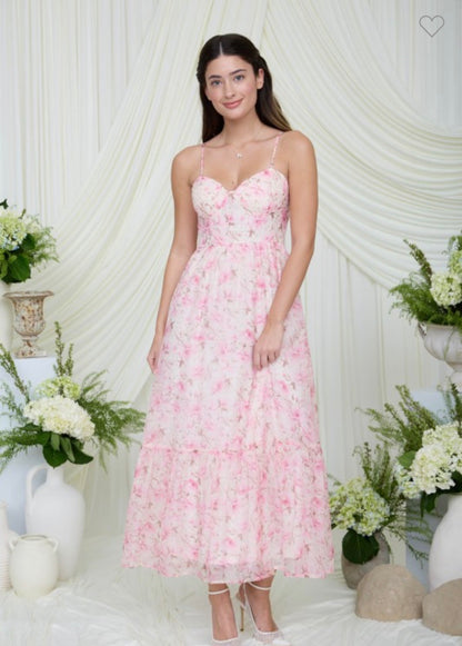 Pink Floral Corset Midi Dress