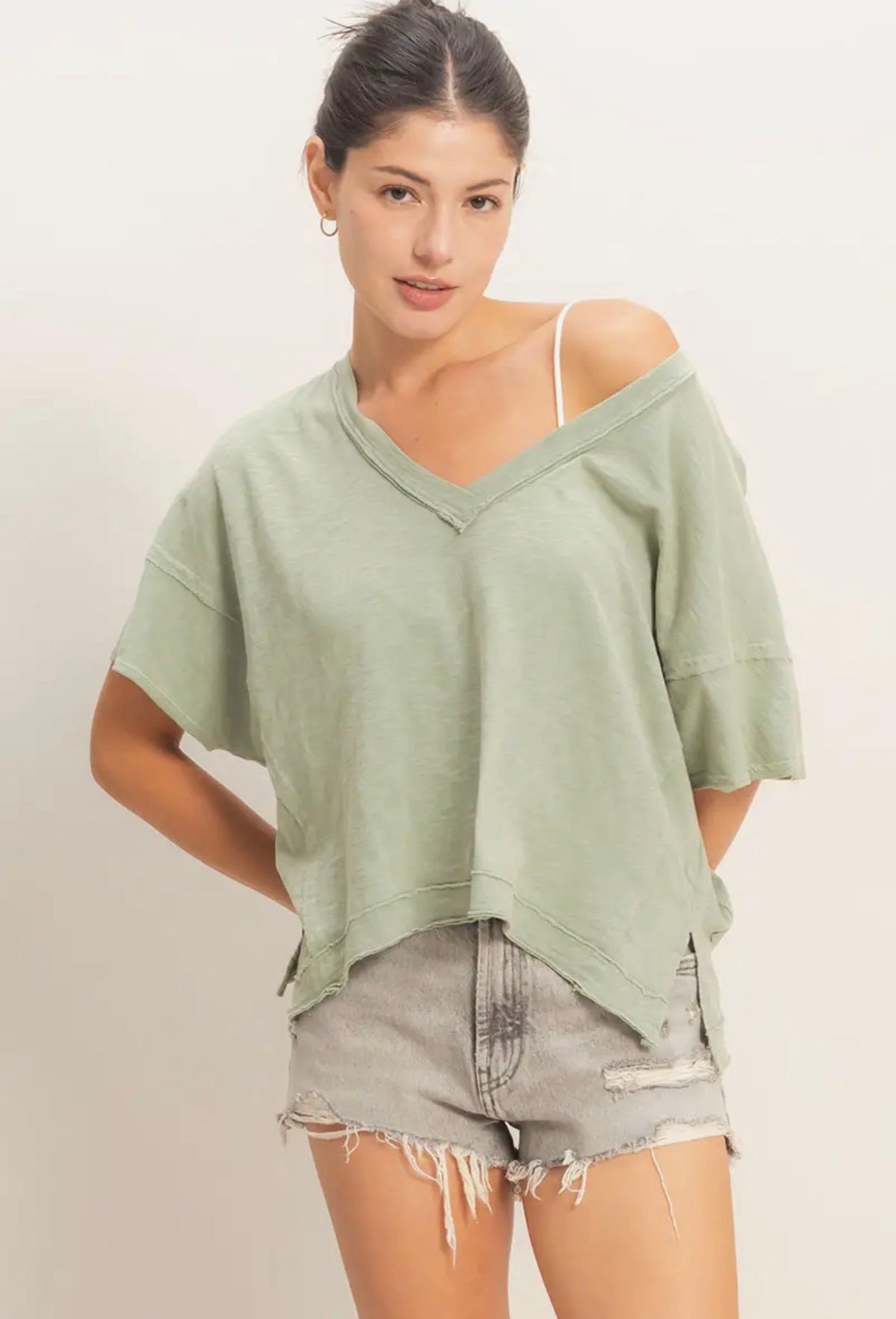 Sage Green Oversized V Neck Tee