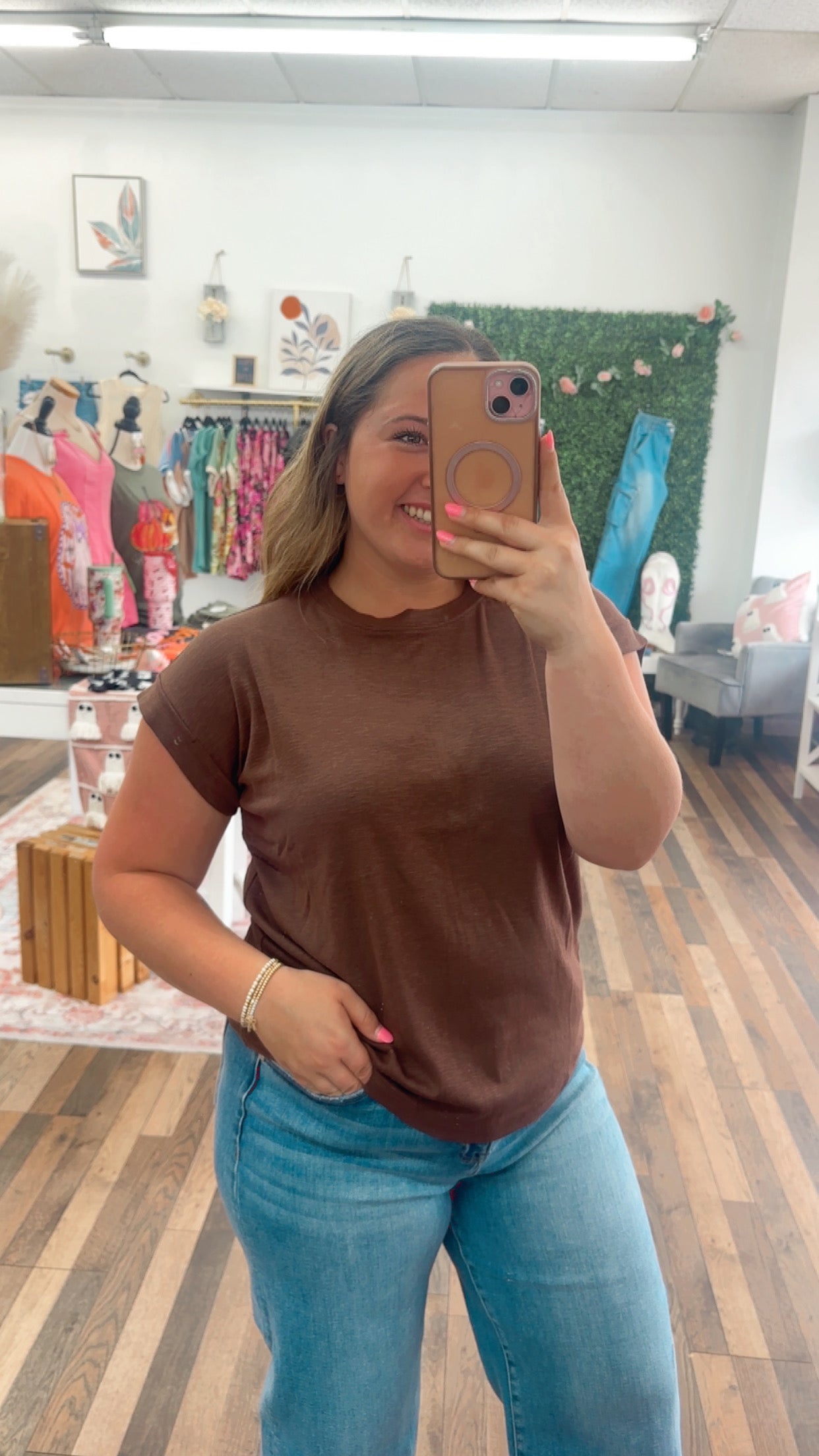 Rolled Sleeve Top In Brown