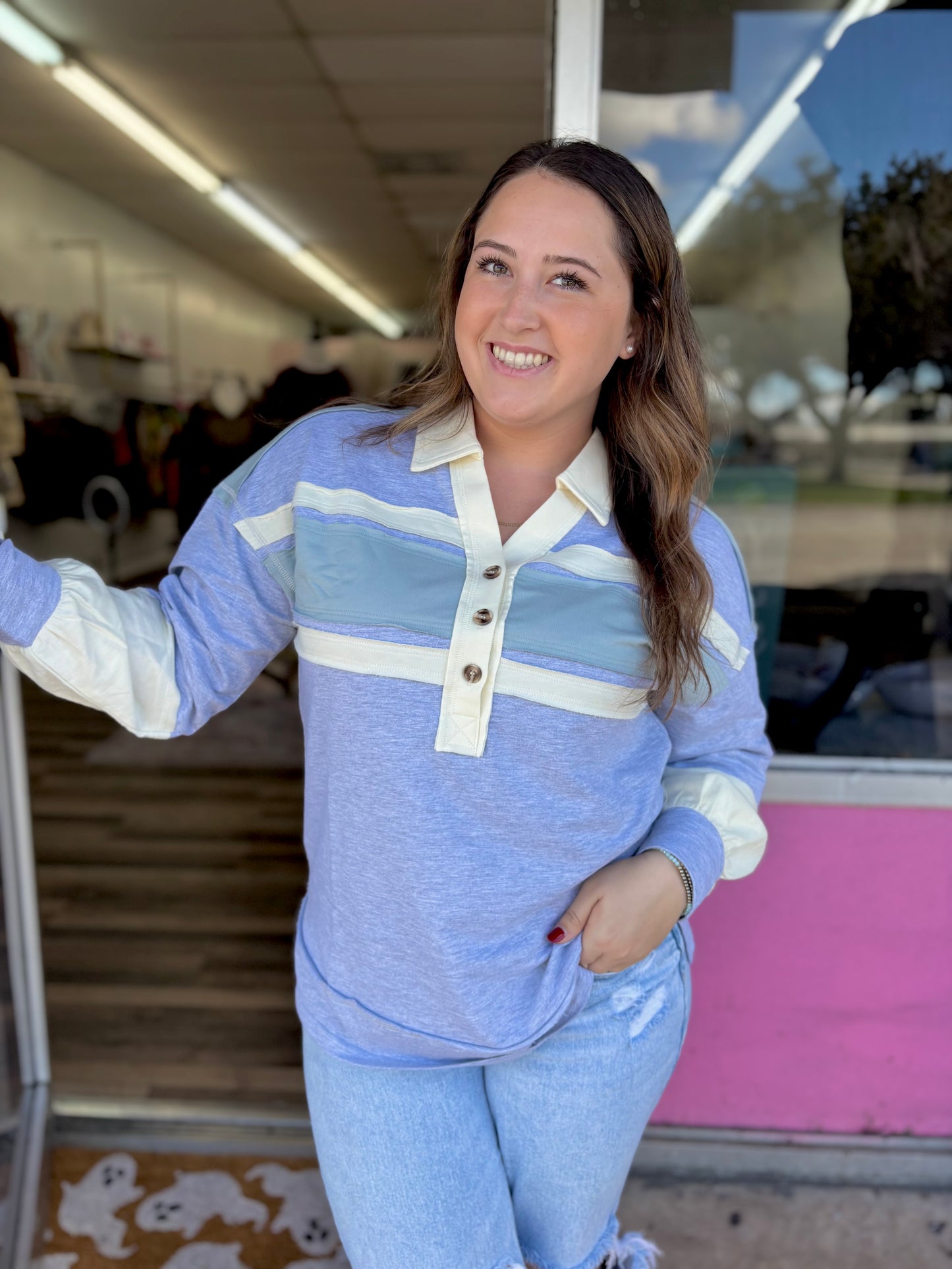 Grey Blue Color Block Top