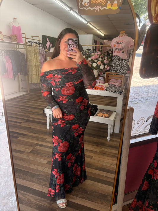 Off Shoulder Mesh Floral Dress