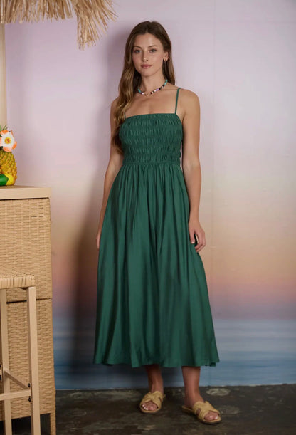 Shirred Bodice Strap MIDI Dress