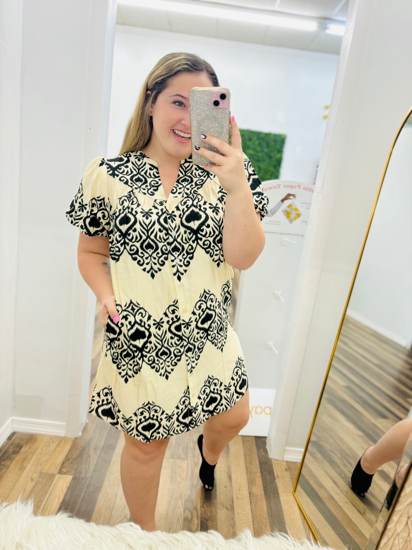 Printed Down Button Mini Dress