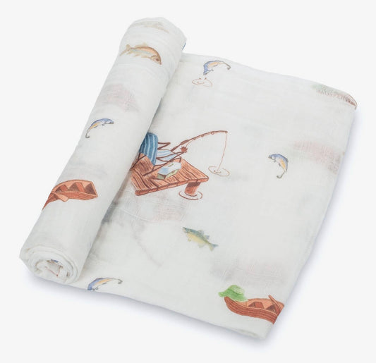 Gone Fishin’ Muslin Swaddle Blanket 47x47
