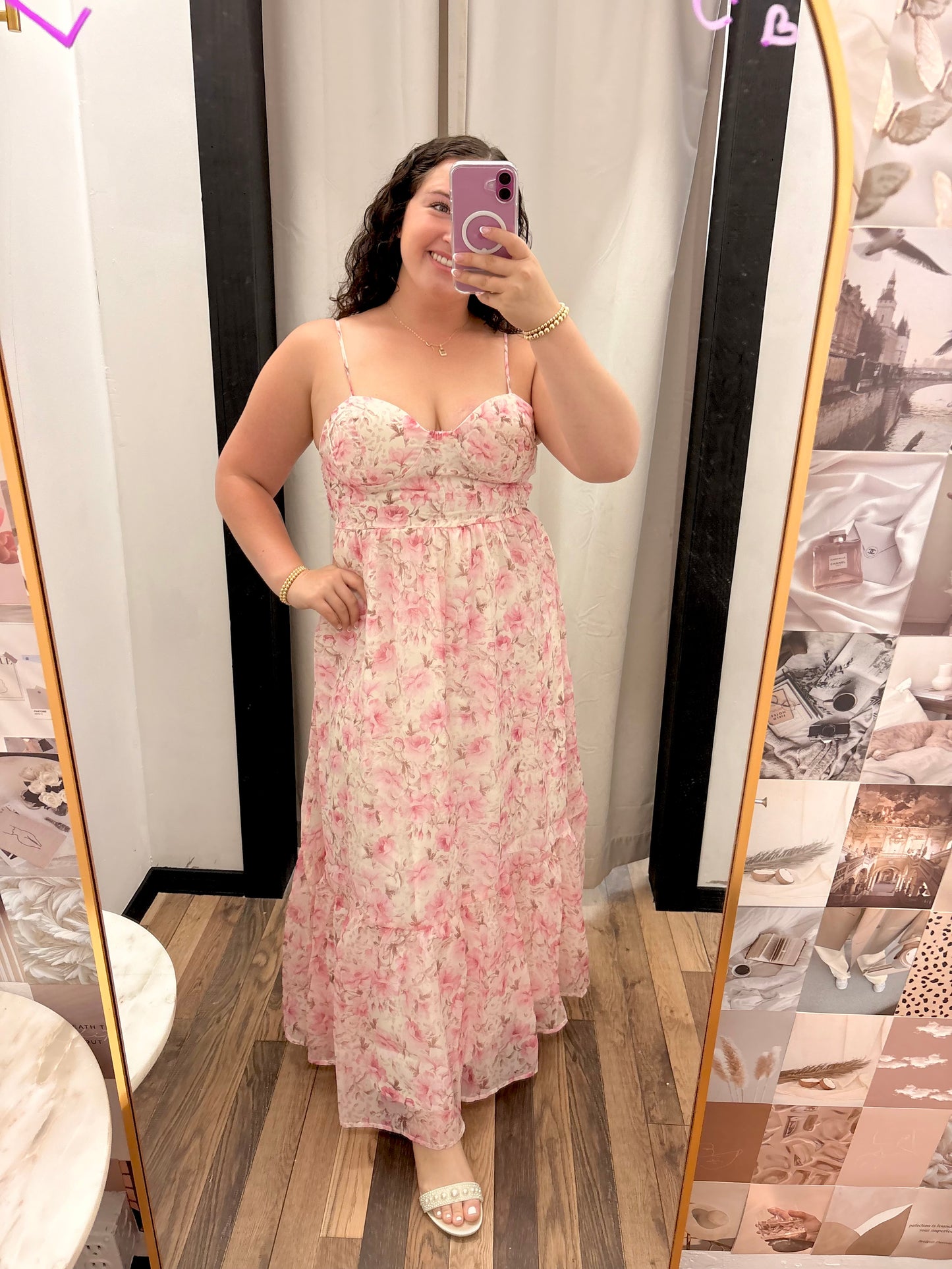 Pink Floral Corset Midi Dress