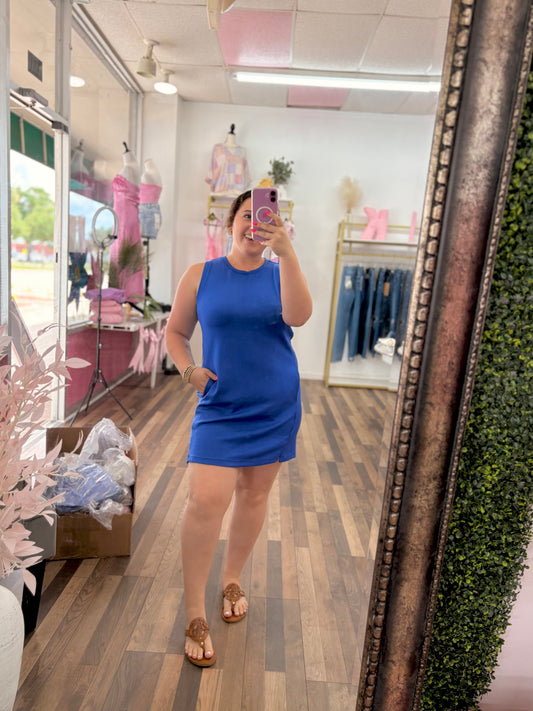 Blue Crew Neck Mini Dress