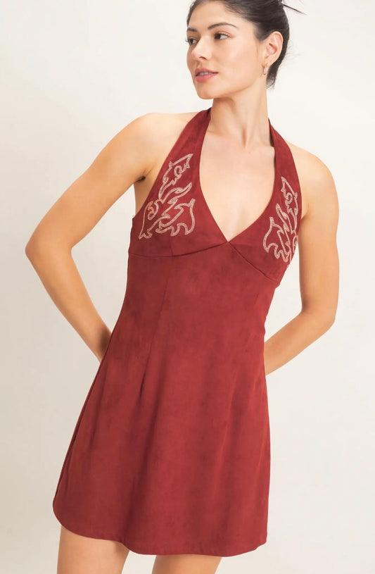 Suede V-Neck Halter Dress