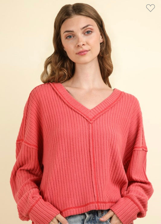 Coral Comfy V Neck Sweater