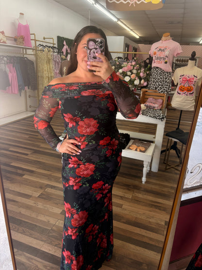 Off Shoulder Mesh Floral Dress