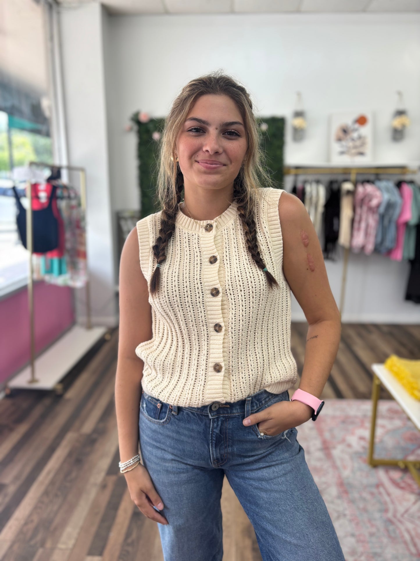 Crew Neck Button Knit Top