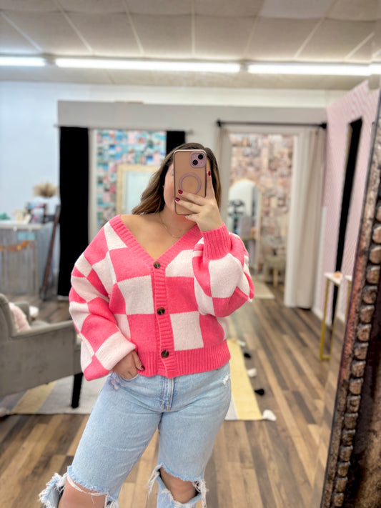 Pink Checkered Cardigan Sweater