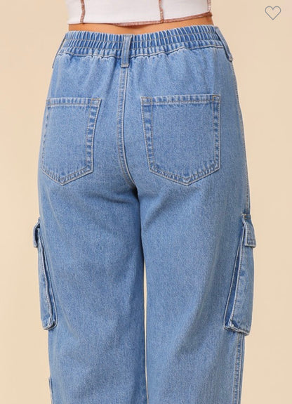 High Waisted Denim Cargo Pants