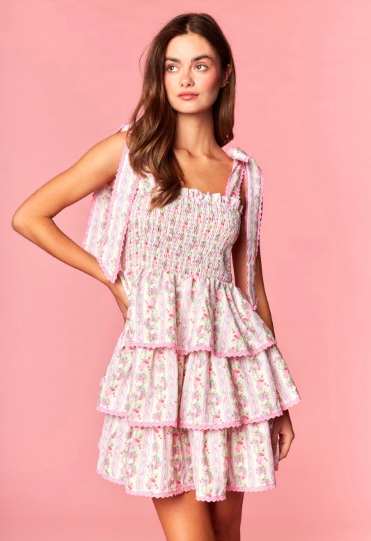 Pink Floral Smocked Tiered Dress