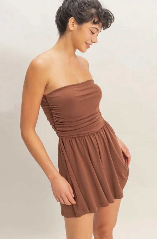 Brown Strapless Shirred Waist Romper