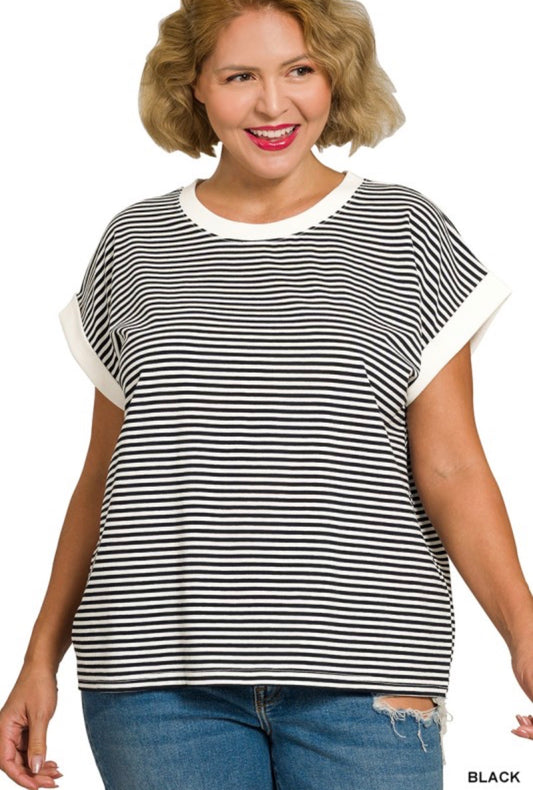CURVY Stripe Contrast Black Top