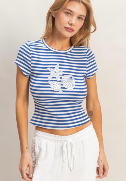 Striped Embroidery Sea Patch Top