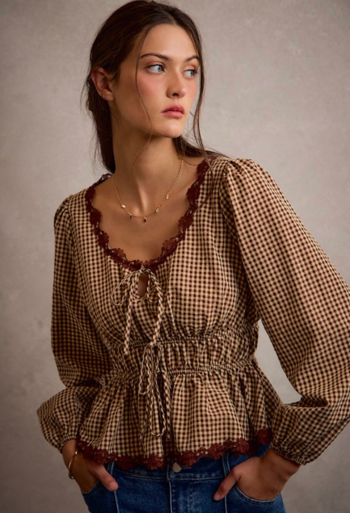 Gingham Check Lace Trim Blouse