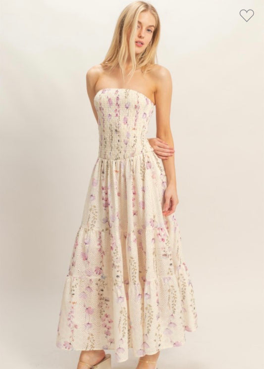 Strapless Smocked Floral Dress