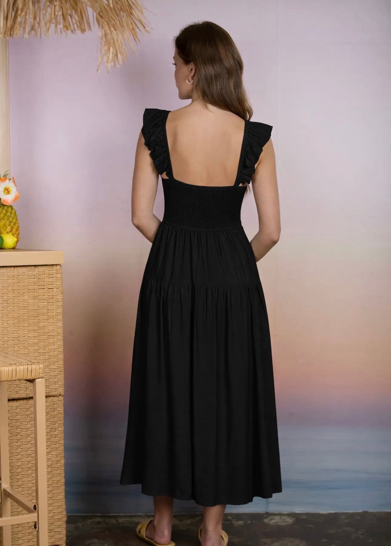 Black Smocked Ruffle Sleeve Dress