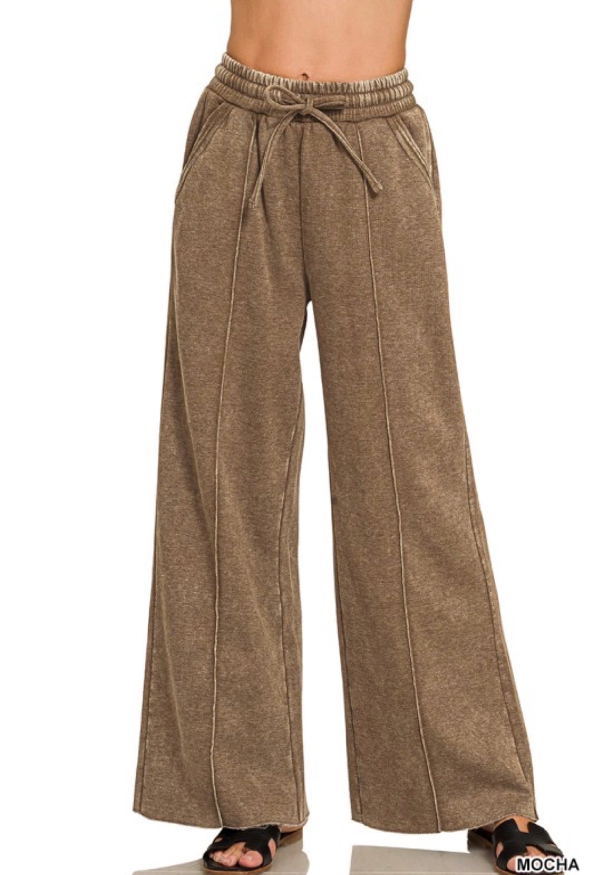 Mocha Acid Wash Wide Leg Pants