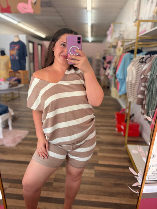 Tan Striped Shorts Set