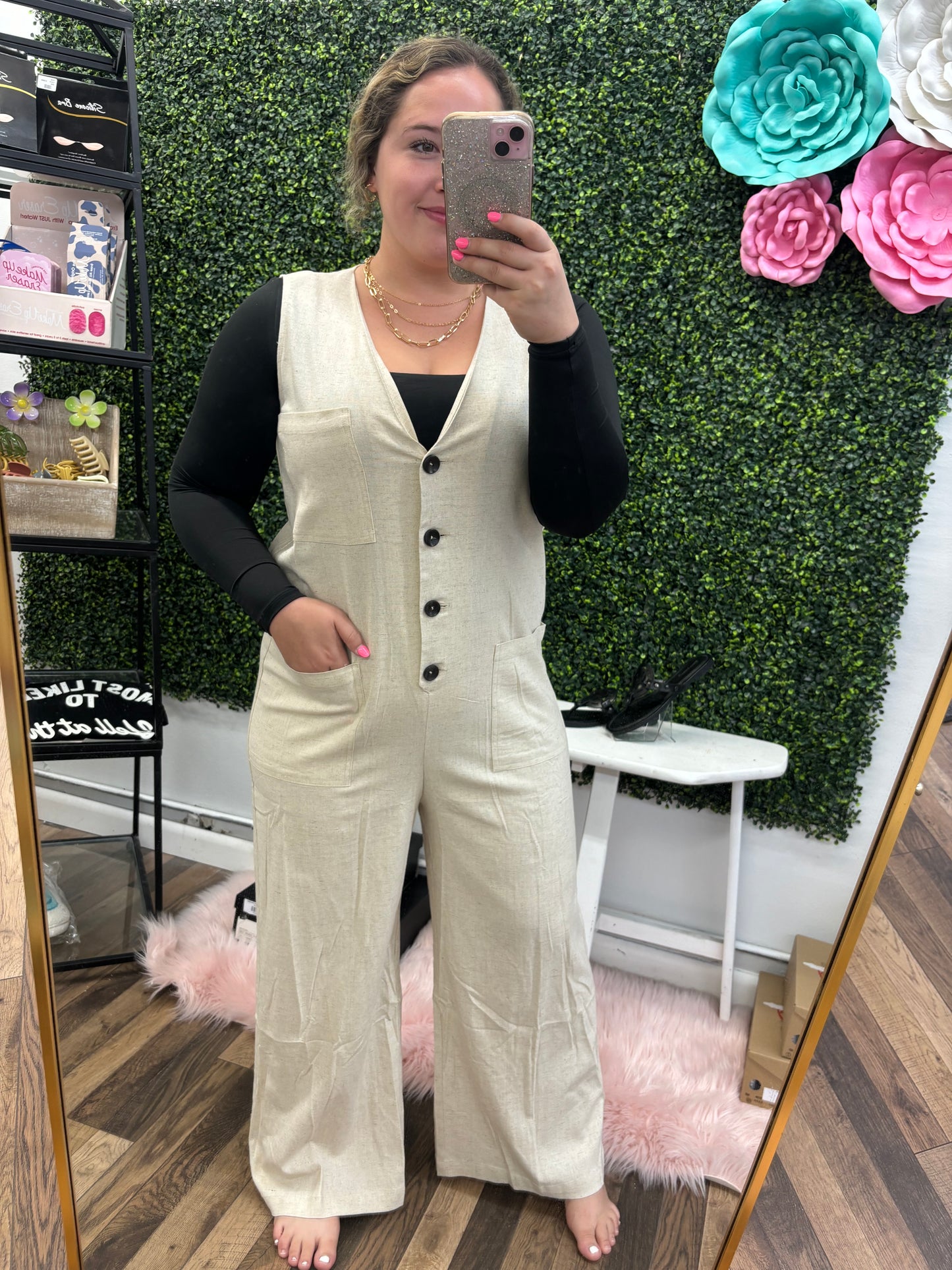 Linen Oatmeal Button Jumpsuit