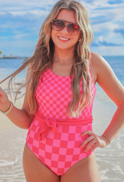 Clear Skies Pink Checkered One Piece Swim