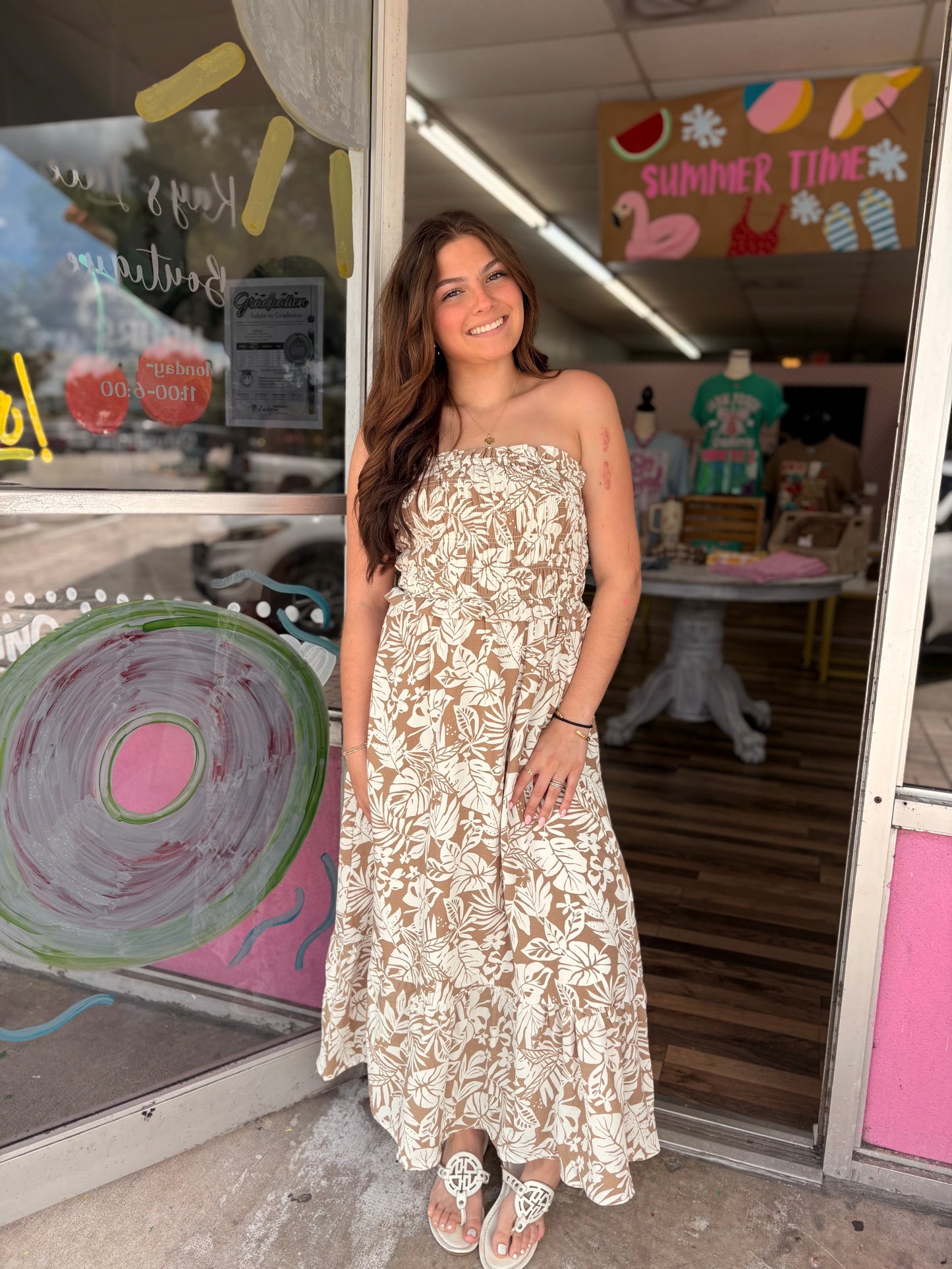 Tropical Leaf Print Strapless Sundress