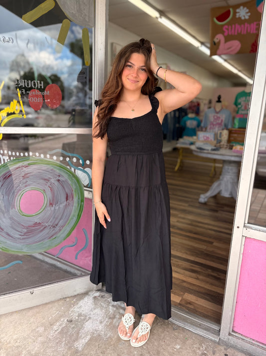 Black Smocked Ruffle Sleeve Dress