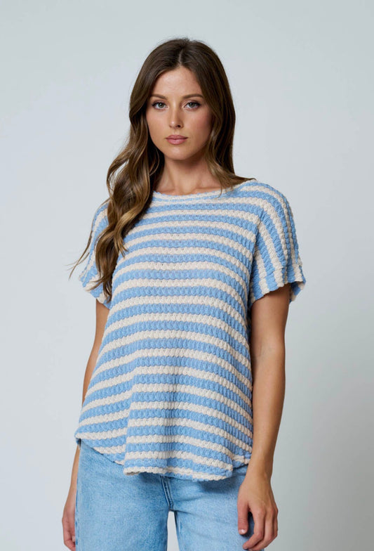 Blue Textured Stripe Dolman Top