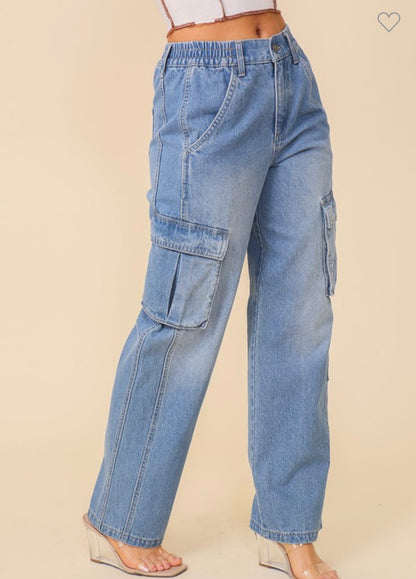 High Waisted Denim Cargo Pants