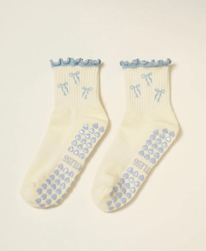 Dusty Blue Bow Pilates Socks