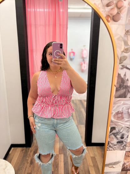 Pink Striped Peplum Top