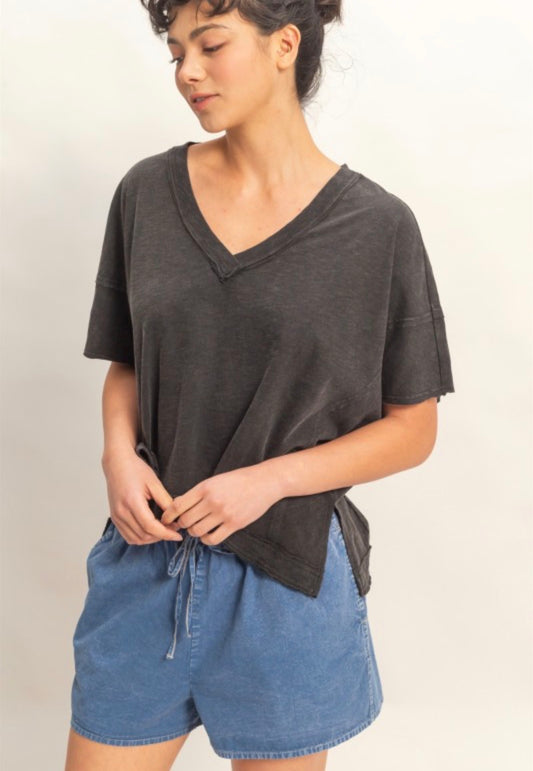 Black Oversized V Neck Top
