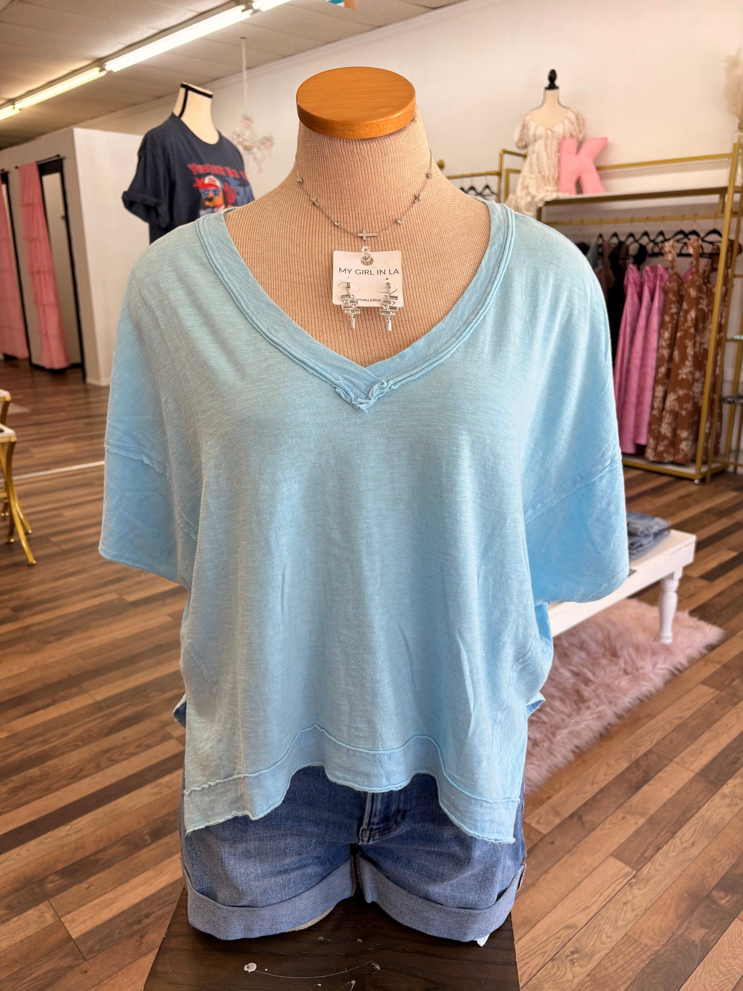 Blue Oversized V Neck Top