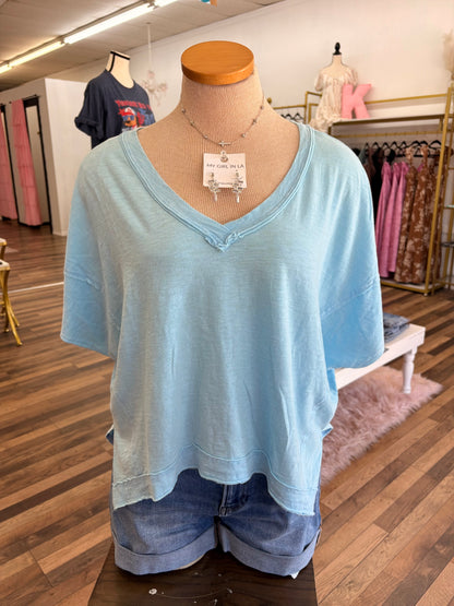 Blue Oversized V Neck Top