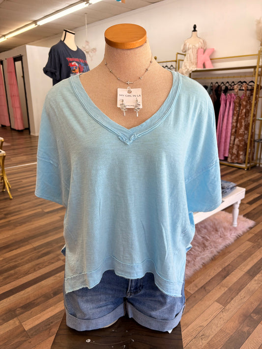 Blue Oversized V Neck Top