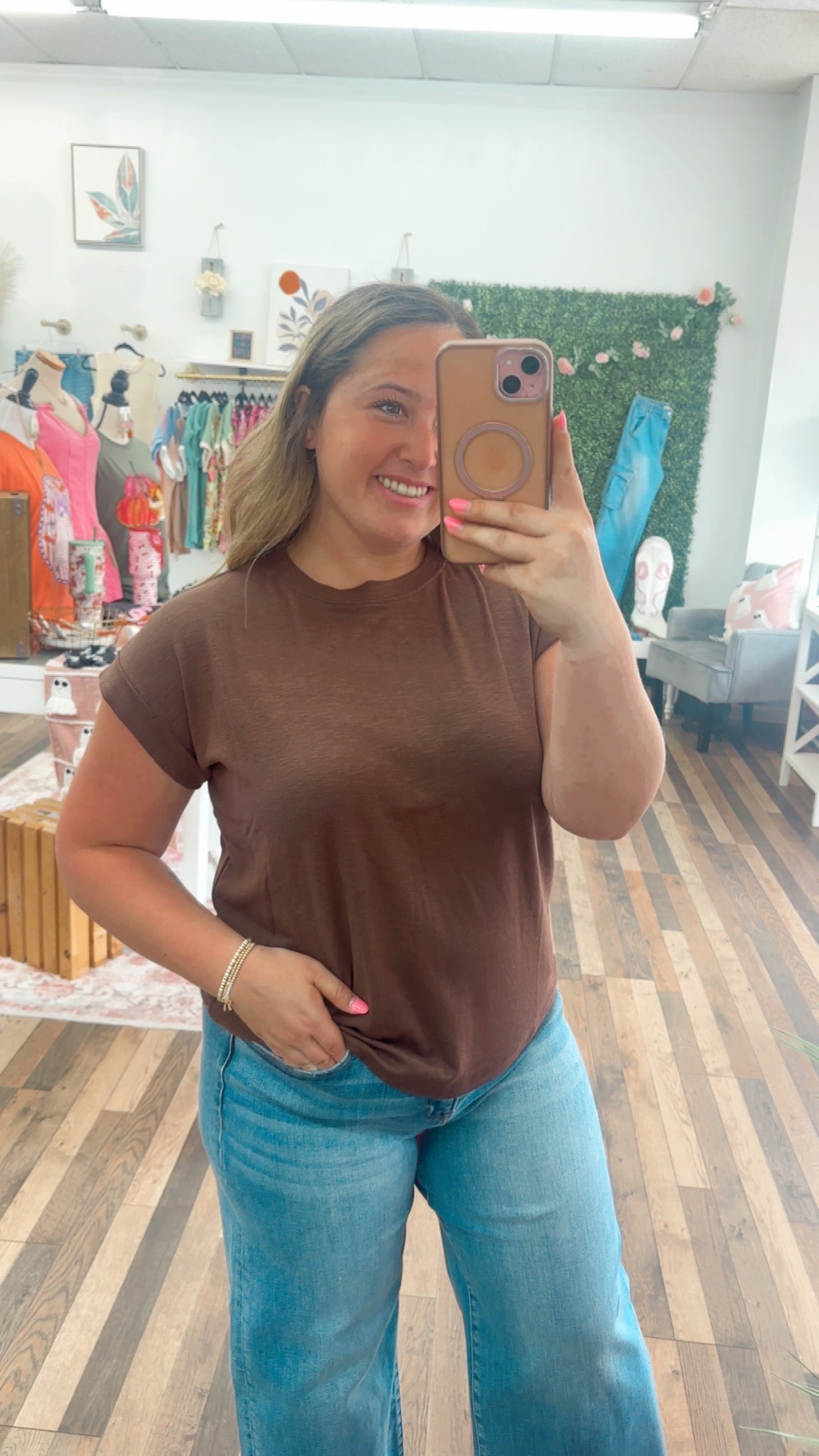Rolled Sleeve Top In Brown