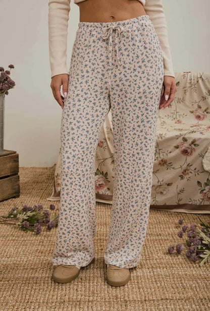 Ditsy Floral Ribbed Wide Leg Pants