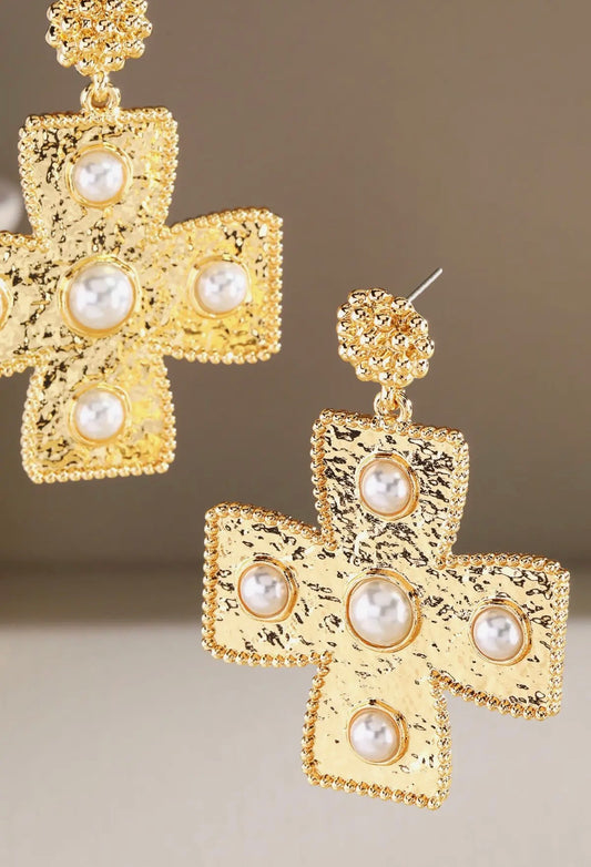 Pearl Accent Cross Earrings