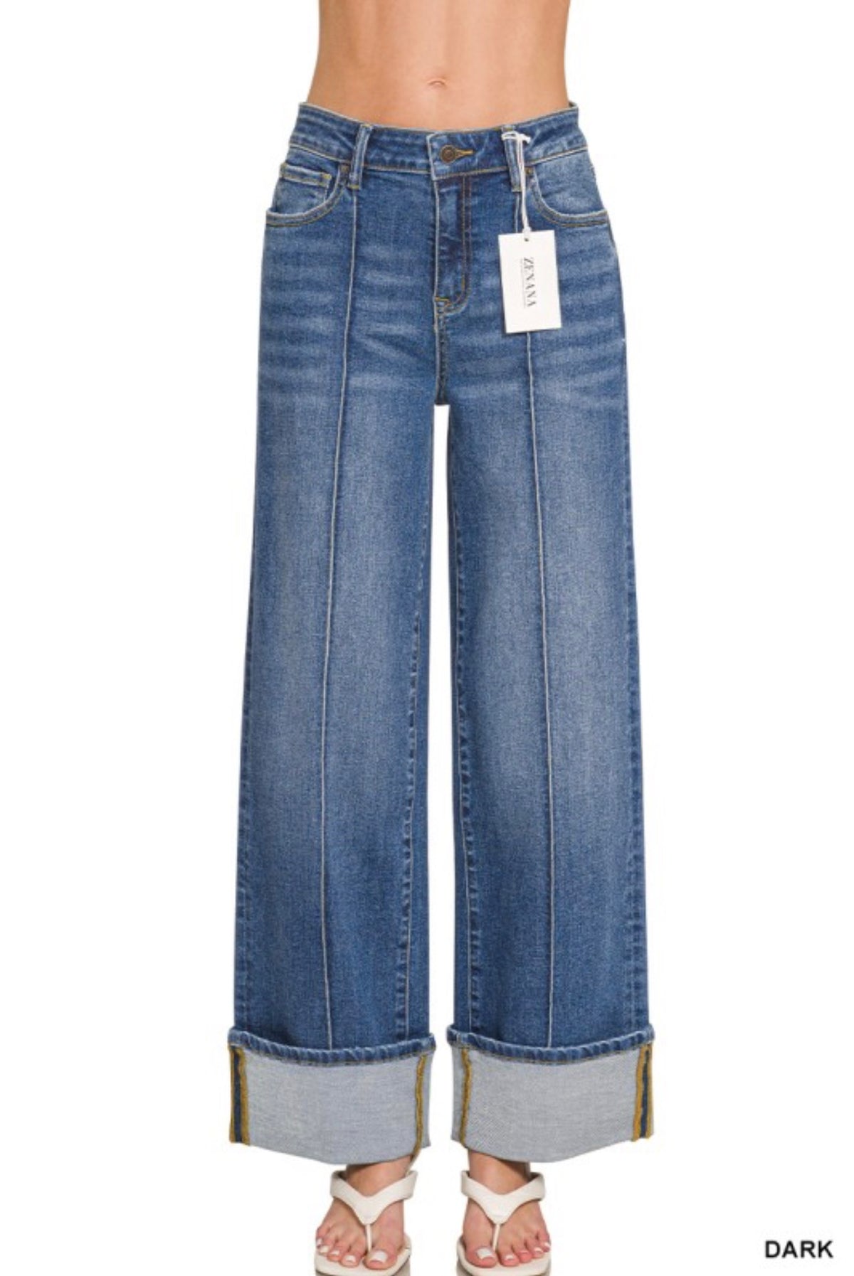 Cuffed Wide Leg Denim Pants